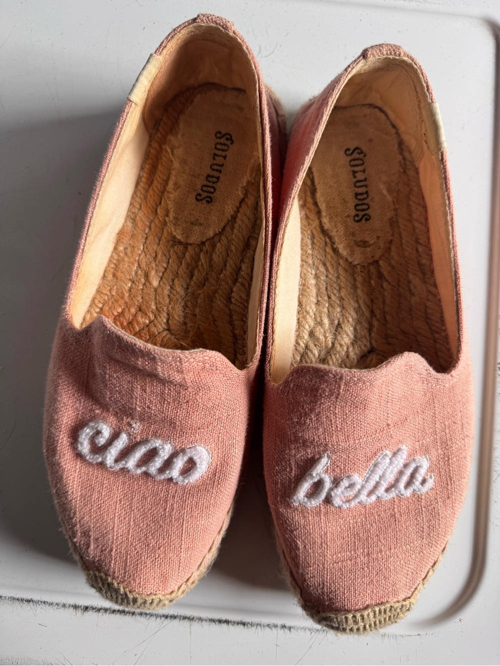 Soludos Pink Embroidered 'Ciao Bella' Canvas Espadrilles